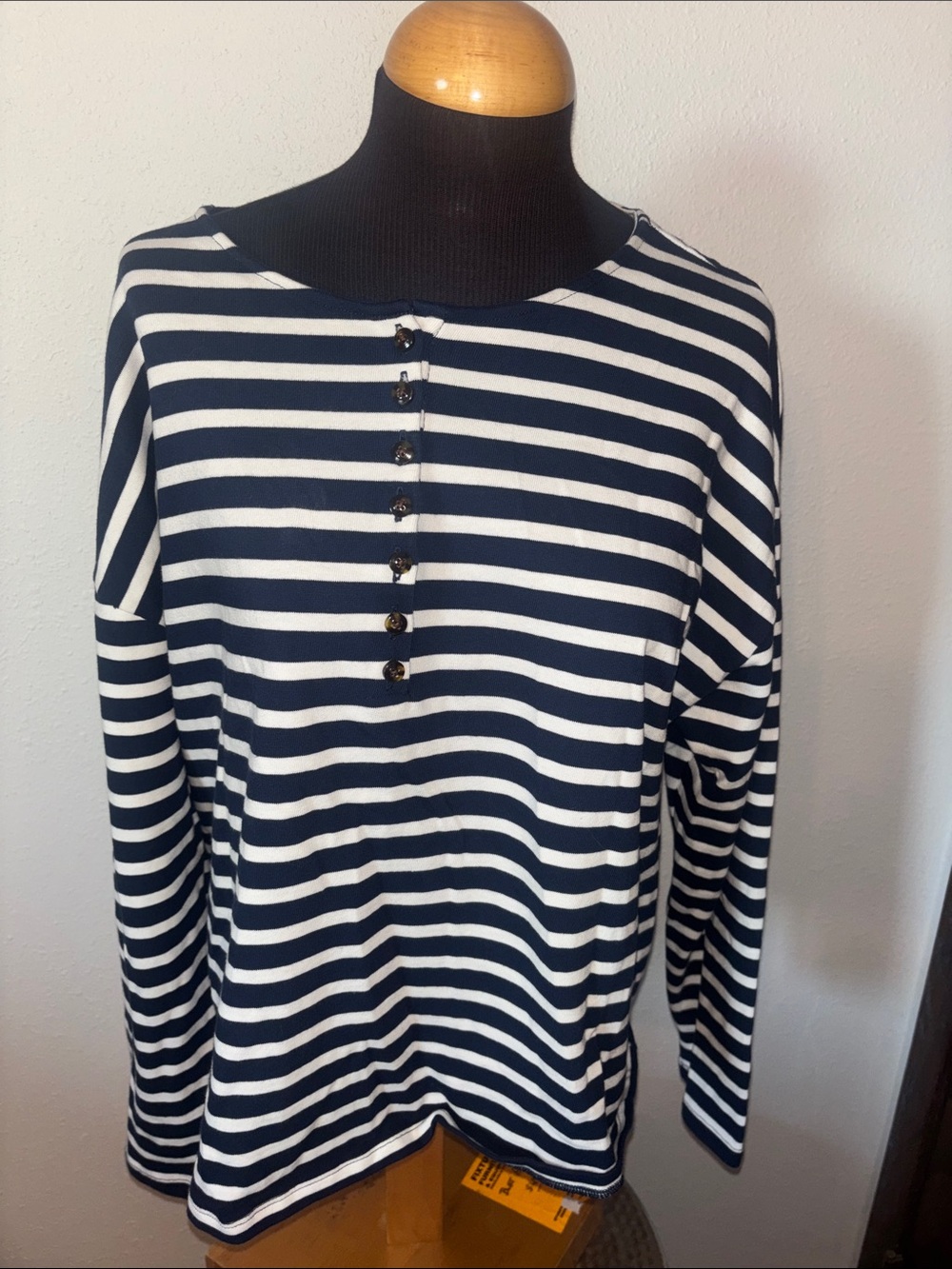 Ann Taylor Weekend Wear Navy and White Striped Long-Sleeve Henley Top